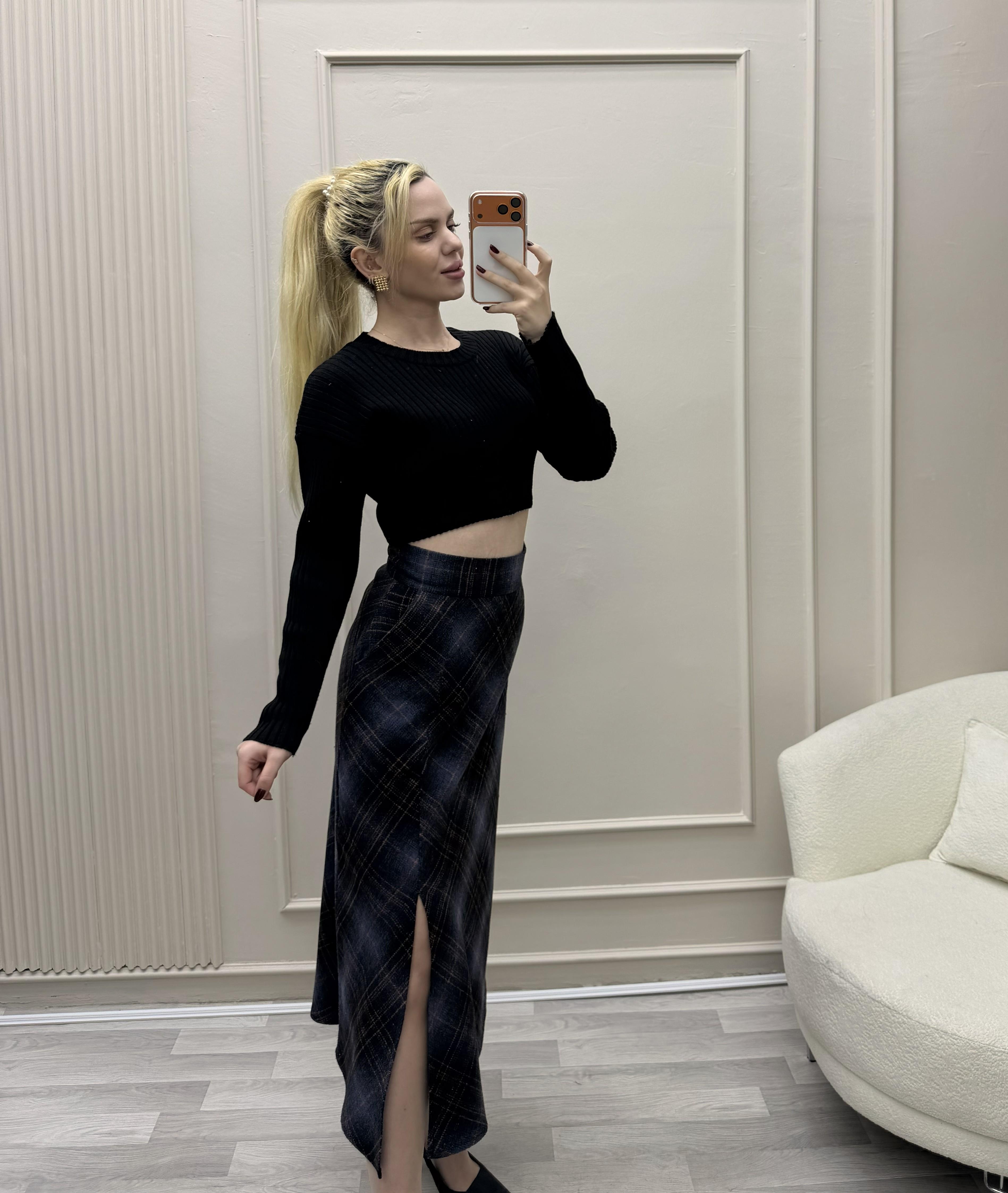 EKOSE CEPLİ ÖNÜ YIRTMAÇLI BELİ FERMUARLI ETEK  LARCİVERT