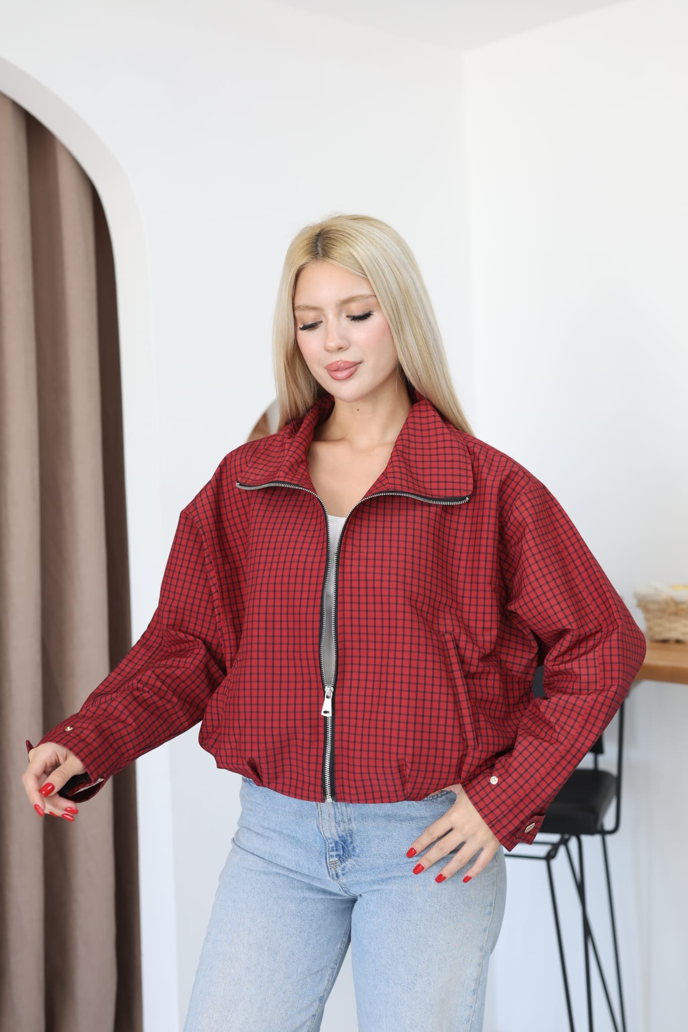 Kırmızı Ekose Desenli Fermuarlı Dik Yaka Uzun Kollu Oversize Bomber Ceket