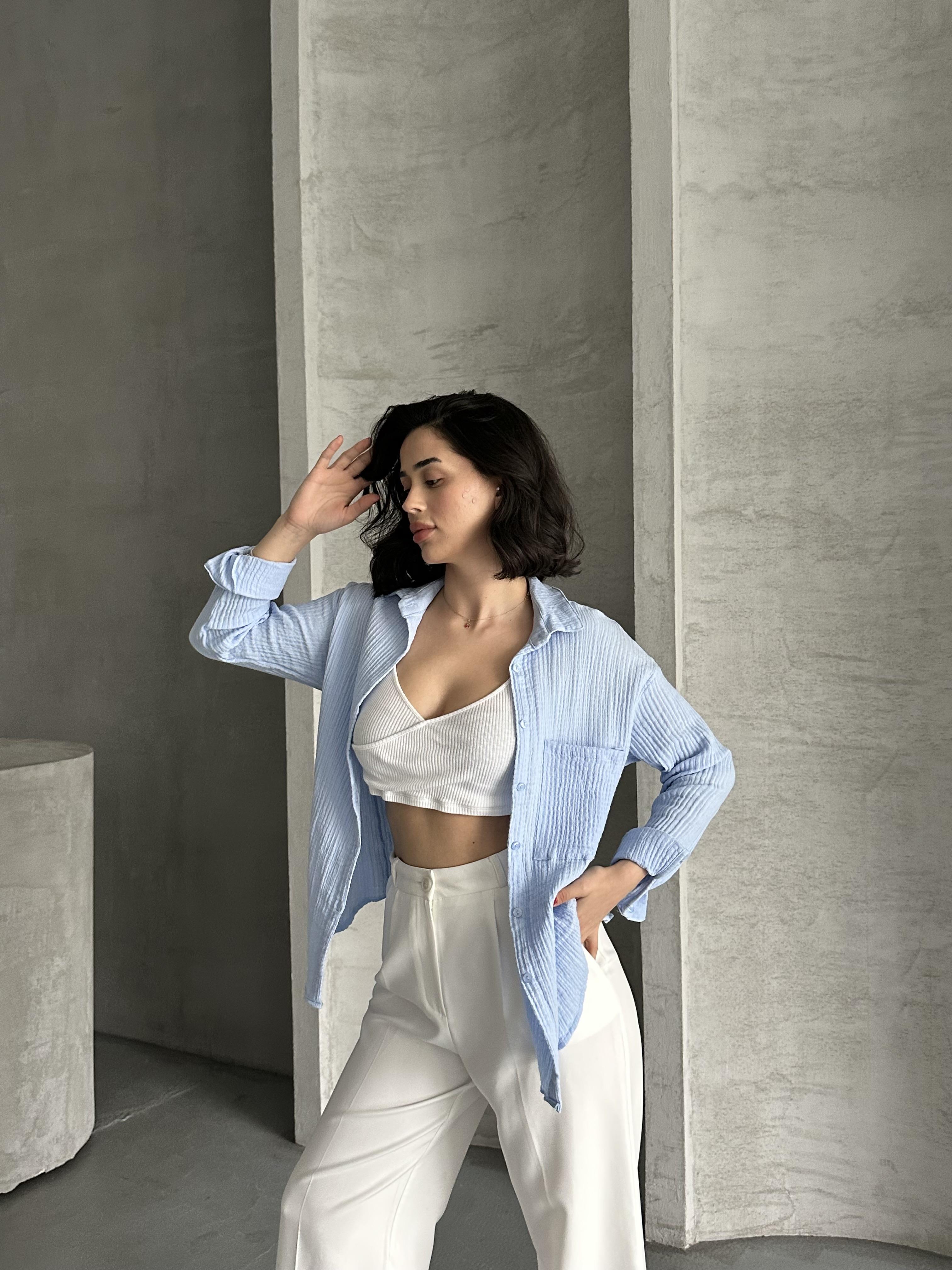 Kadın Bebe Mavisi Müslin Kumaş Oversize Gömlek