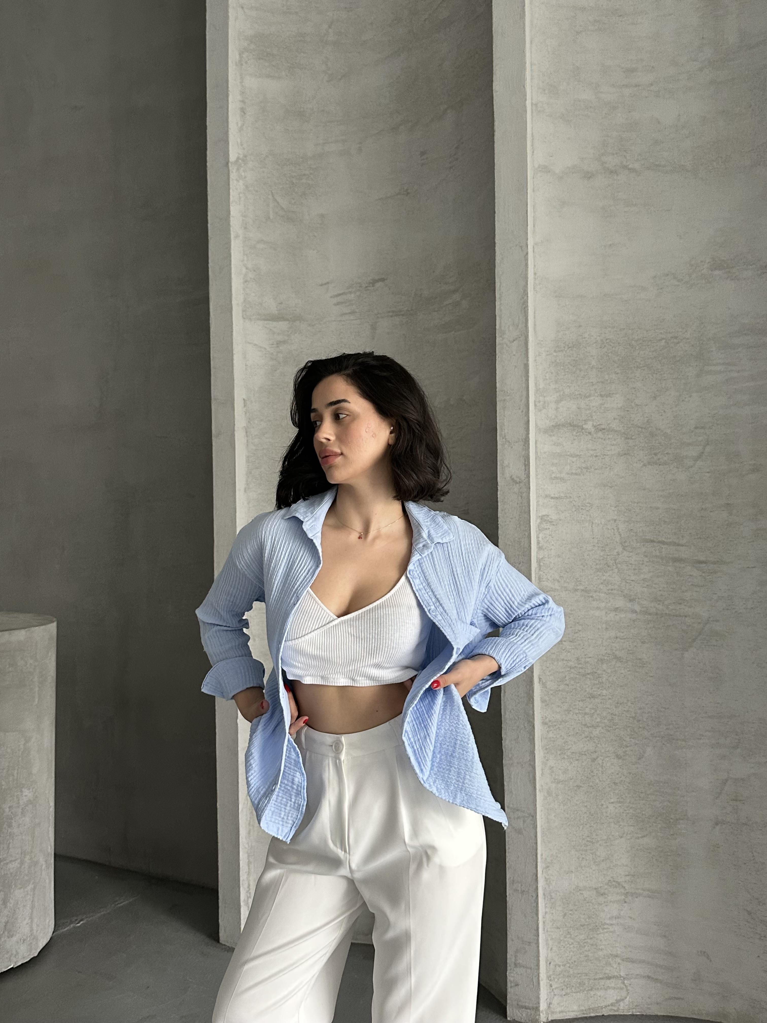 Kadın Bebe Mavisi Müslin Kumaş Oversize Gömlek