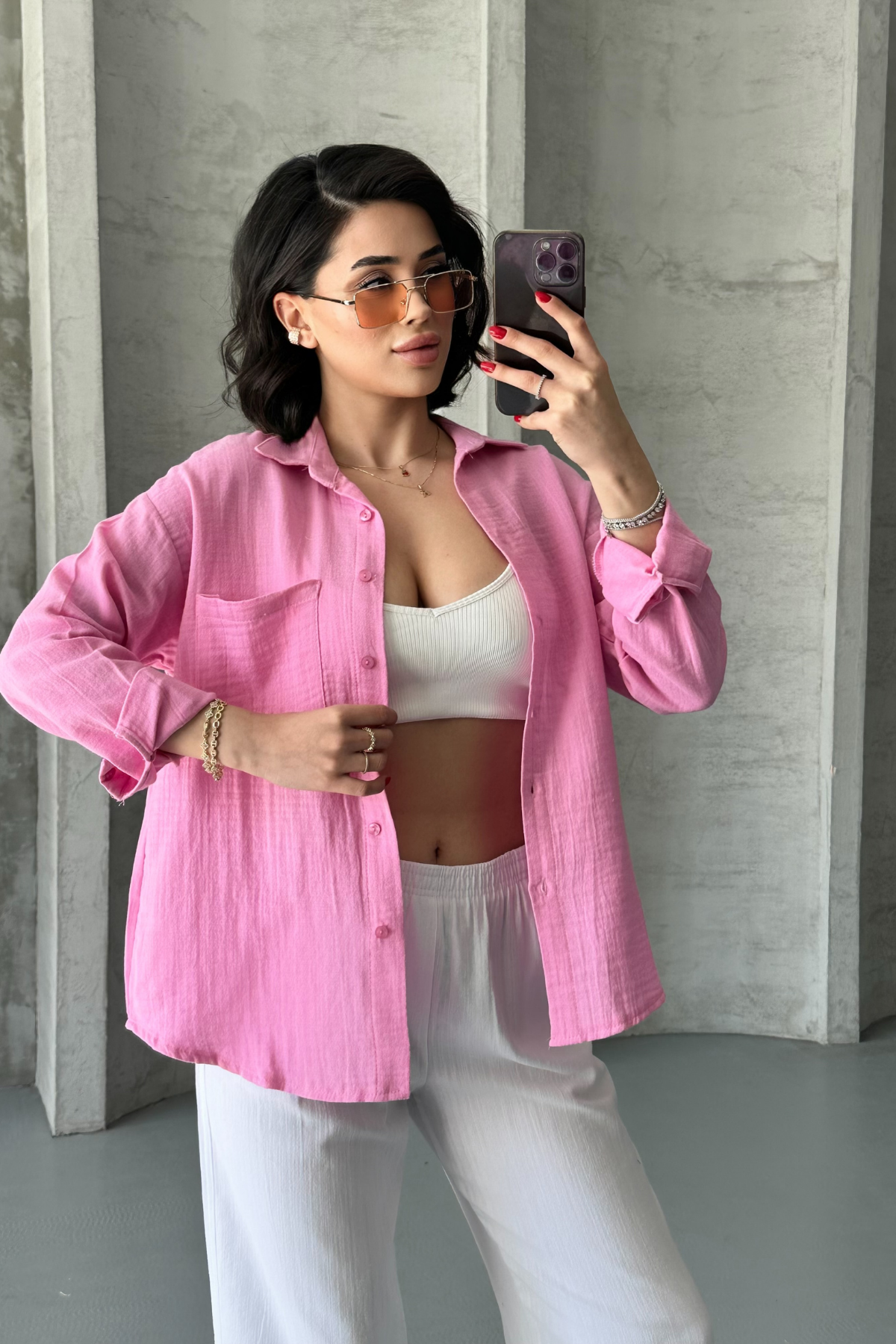 Kadın Pembe Müslin Kumaş Oversize Gömlek