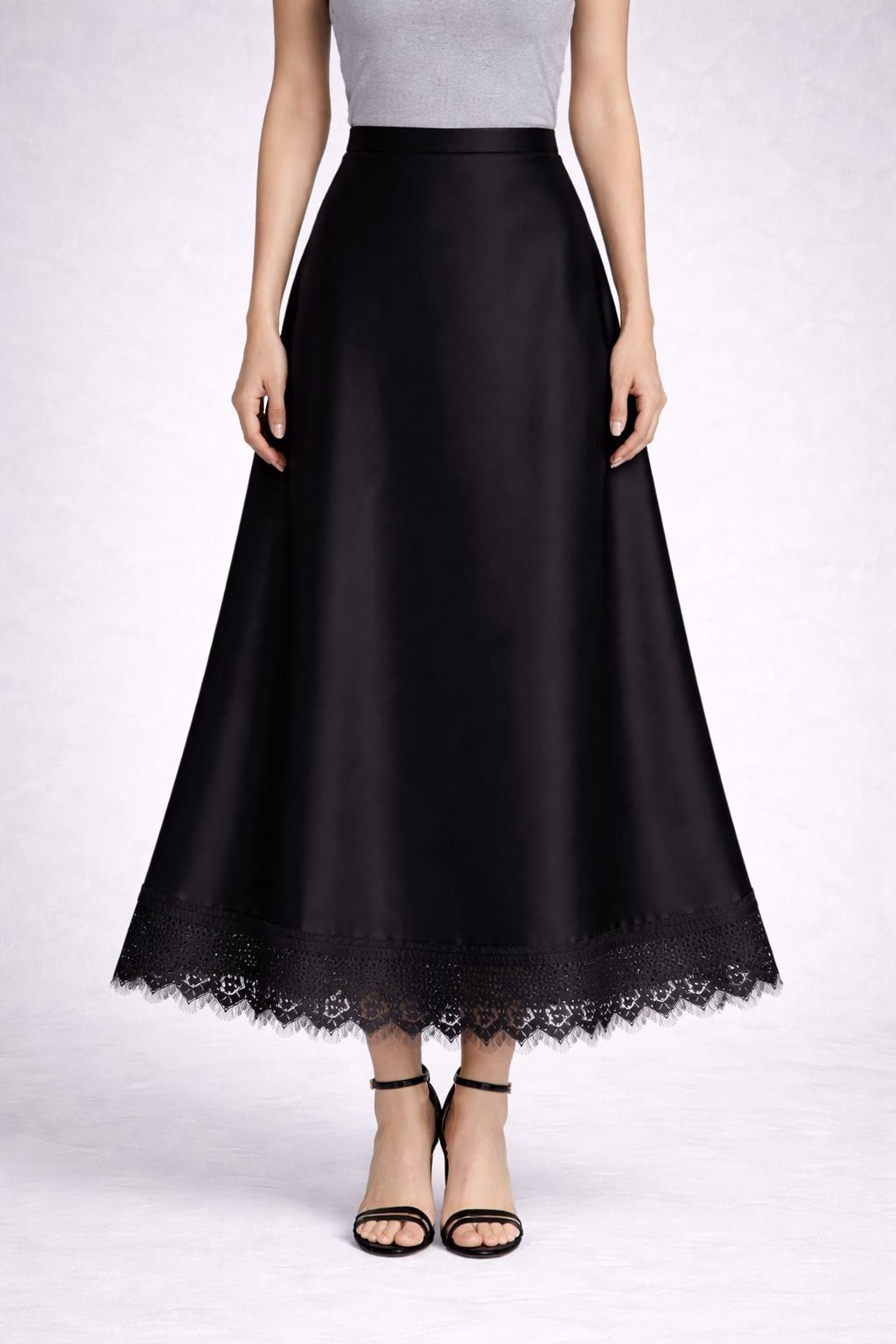 Kadın Siyah Dantel Detaylı A Kesim Midi Boy Saten Etek Yüksek Bel Şık ve Zarif Tasarım