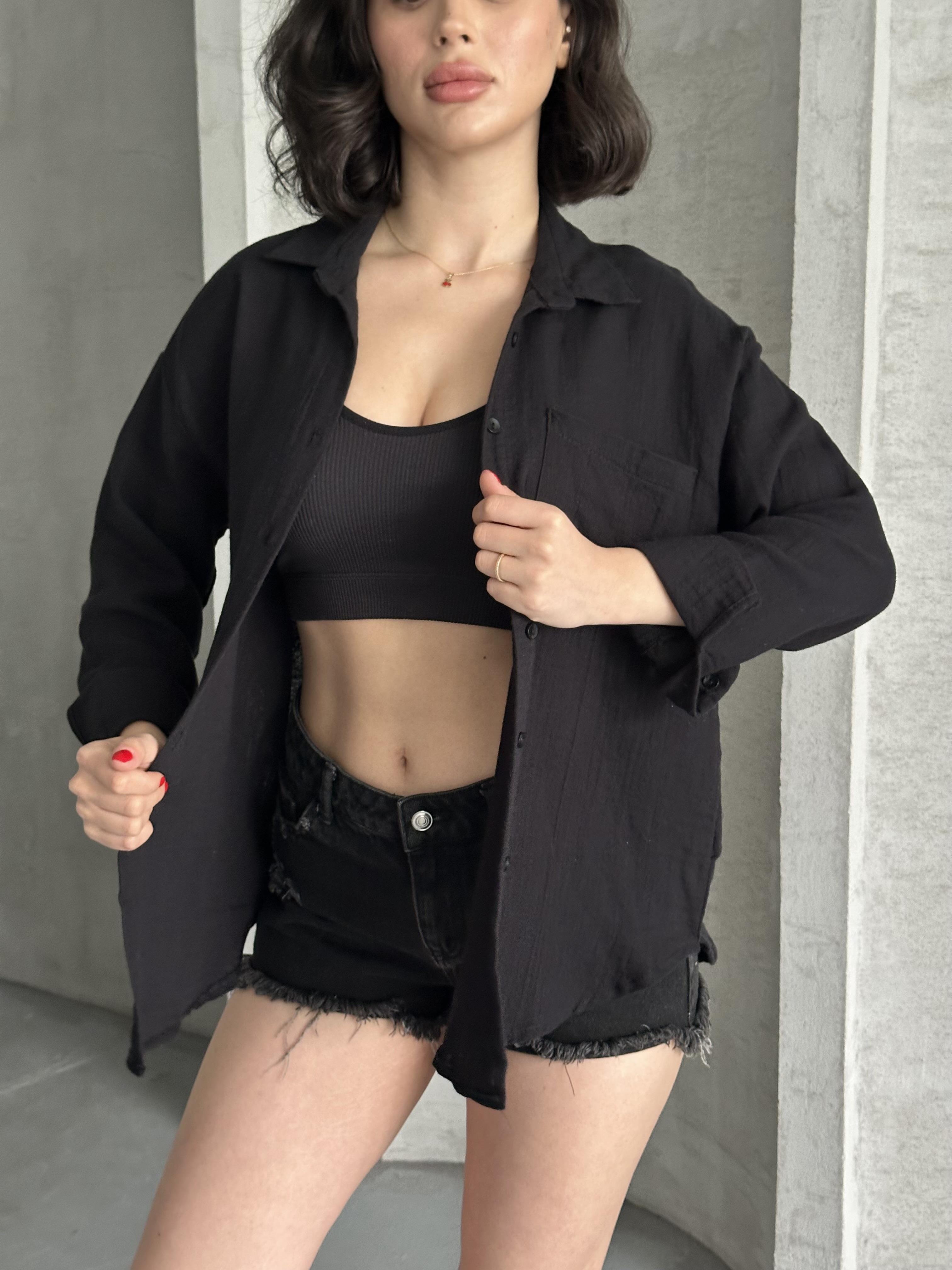 Kadın Siyah Müslin Kumaş Oversize Gömlek