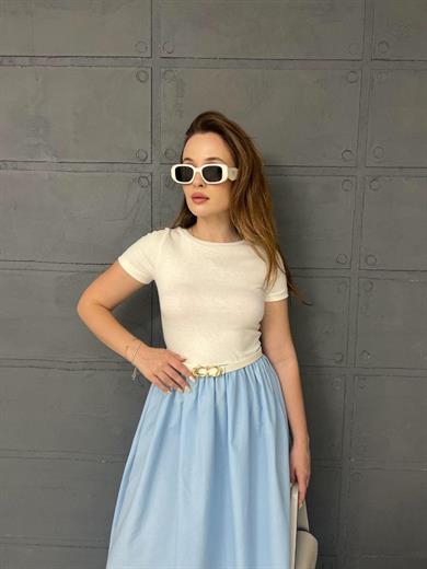  Kadın Mavi İkili Görünümlü Kemer Detaylı Elbise