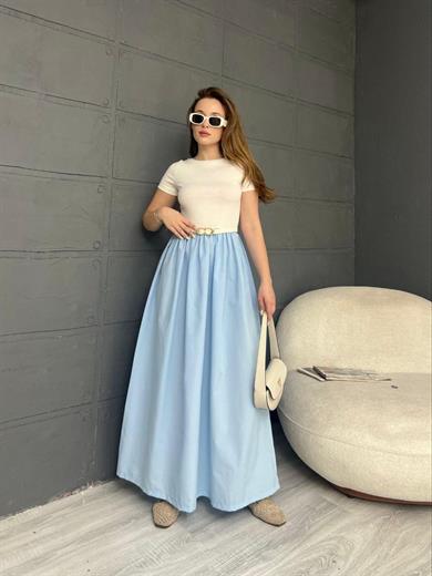  Kadın Mavi İkili Görünümlü Kemer Detaylı Elbise