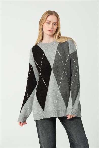 BAKLAVA DESENLİ TRİKO KAZAK GRİ