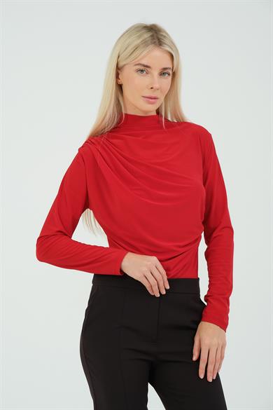 BÜZGÜ DETAYLI DİK YAKA SANDY BLUZ KIRMIZI