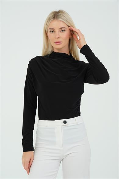 BÜZGÜ DETAYLI DİK YAKA SANDY BLUZ SİYAH