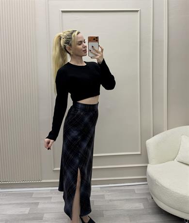 EKOSE CEPLİ ÖNÜ YIRTMAÇLI BELİ FERMUARLI ETEK  LARCİVERT