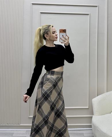 EKOSE CEPLİ ÖNÜ YIRTMAÇLI BELİ FERMUARLI ETEK  TAŞ