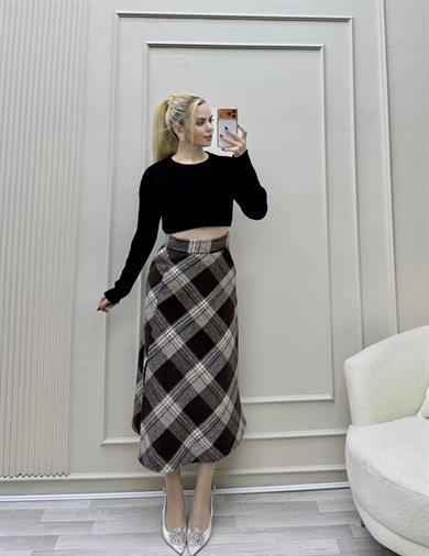 EKOSE CEPLİ ÖNÜ YIRTMAÇLI BELİ FERMUARLI ETEK  ACI KAHVE