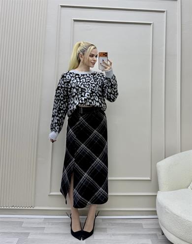 EKOSE CEPLİ ÖNÜ YIRTMAÇLI BELİ FERMUARLI ETEK SİYAH