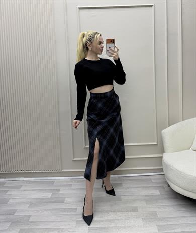 EKOSE CEPLİ ÖNÜ YIRTMAÇLI BELİ FERMUARLI ETEK  LARCİVERT