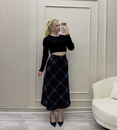 EKOSE CEPLİ ÖNÜ YIRTMAÇLI BELİ FERMUARLI ETEK  LARCİVERT