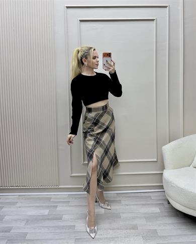 EKOSE CEPLİ ÖNÜ YIRTMAÇLI BELİ FERMUARLI ETEK  TAŞ