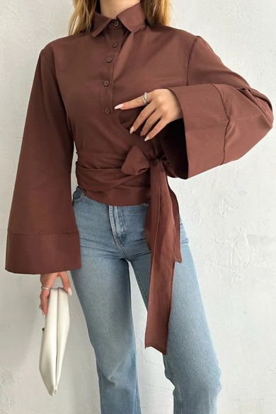 Kadın Acı Kahve Bağlama Detaylı Geniş Kol Gömlek