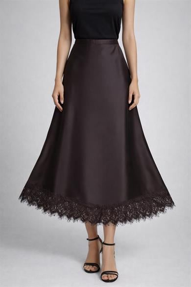 Kadın Acı Kahve Dantel Detaylı A Kesim Midi Boy Saten Etek Yüksek Bel Şık ve Zarif Tasarım
