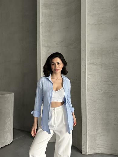 Kadın Bebe Mavisi Müslin Kumaş Oversize Gömlek