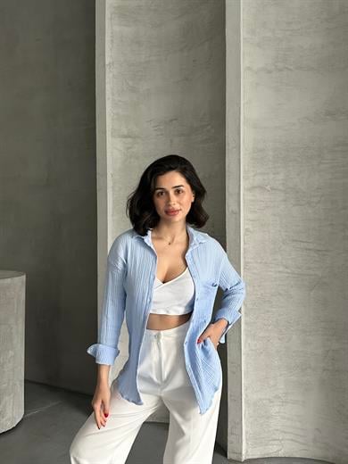 Kadın Bebe Mavisi Müslin Kumaş Oversize Gömlek