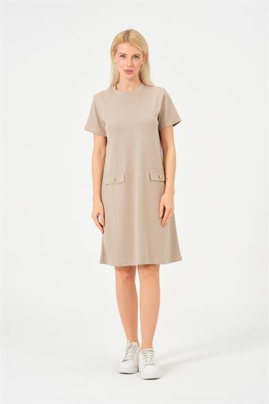 Kadın Bej Bisiklet Yaka Taş Detaylı Modal Kısa Elbise