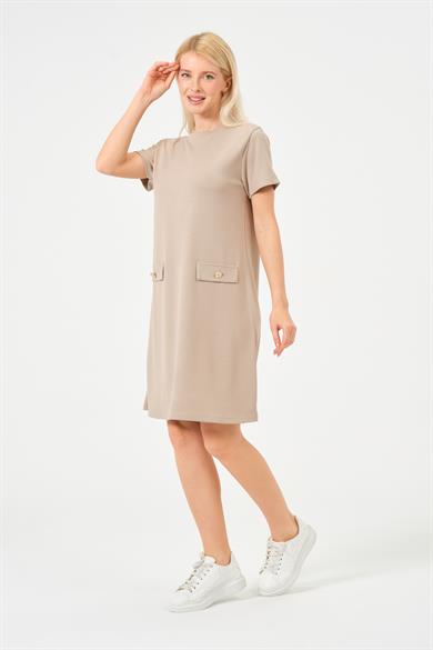 Kadın Bej Bisiklet Yaka Taş Detaylı Modal Kısa Elbise