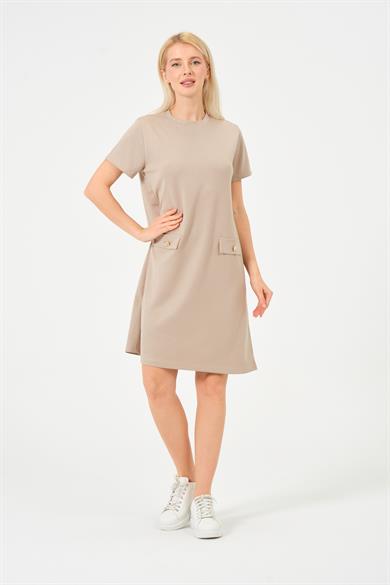 Kadın Bej Bisiklet Yaka Taş Detaylı Modal Kısa Elbise
