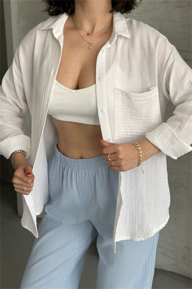 Kadın Beyaz Müslin Kumaş Oversize Gömlek