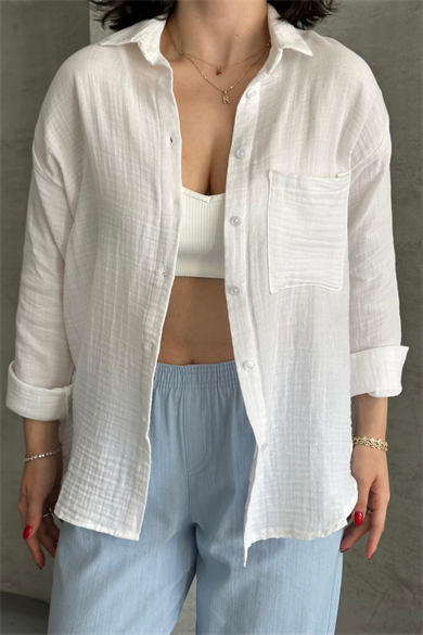 Kadın Beyaz Müslin Kumaş Oversize Gömlek