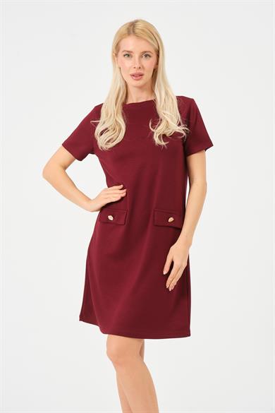 Kadın Bordo Bisiklet Yaka Taş Detaylı Modal Kısa Elbise