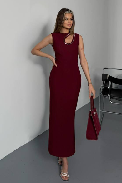 Kadın Bordo Damla Dekolteli Taş Detaylı Yırtmaçlı Kalem Elbise