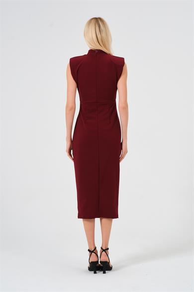 Kadın Bordo Drape Detaylı Vatkalı Broş Detaylı Elbise