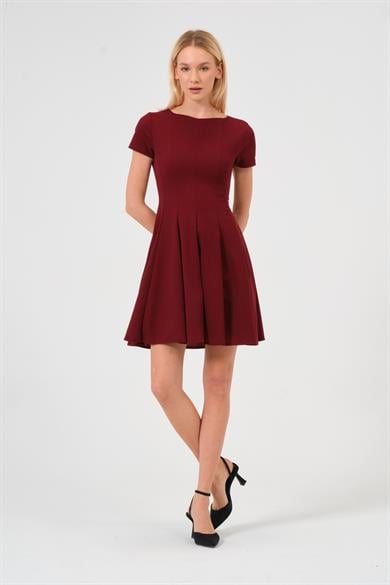 Kadın Bordo Eteği Volanlı Mini Elbise