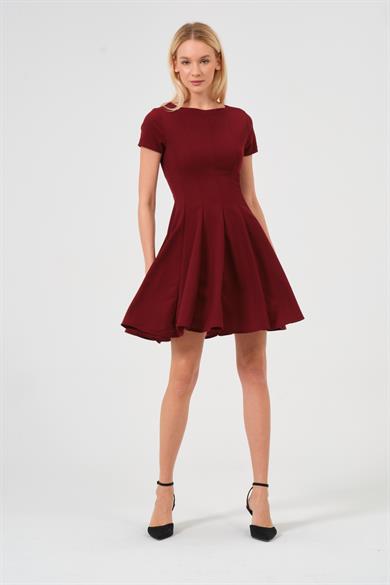 Kadın Bordo Eteği Volanlı Mini Elbise