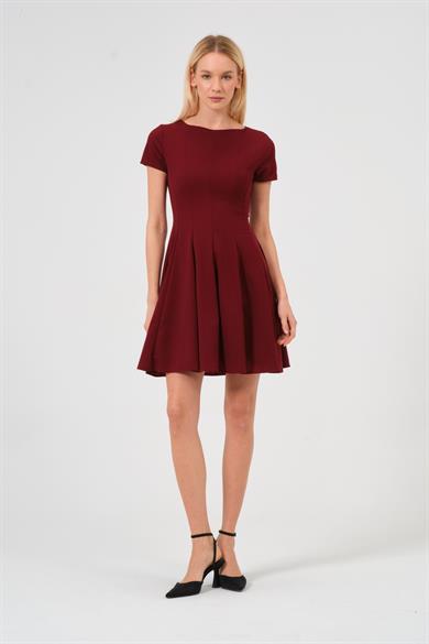 Kadın Bordo Eteği Volanlı Mini Elbise