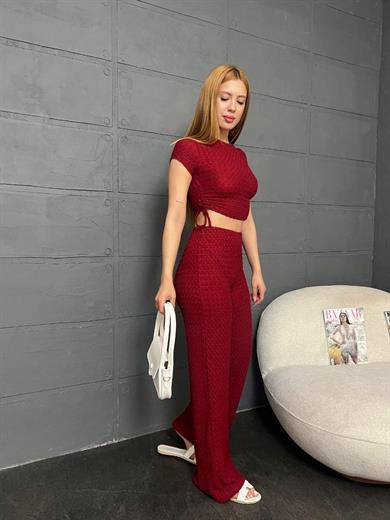 Kadın Bordo Kısa Kollu Büzgü Detaylı Crop & Bol Paça Takım