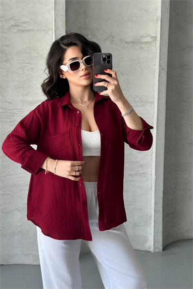 Kadın Bordo Müslin Kumaş Oversize Gömlek