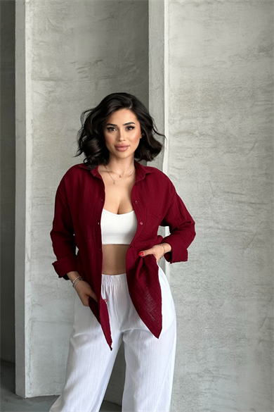 Kadın Bordo Müslin Kumaş Oversize Gömlek