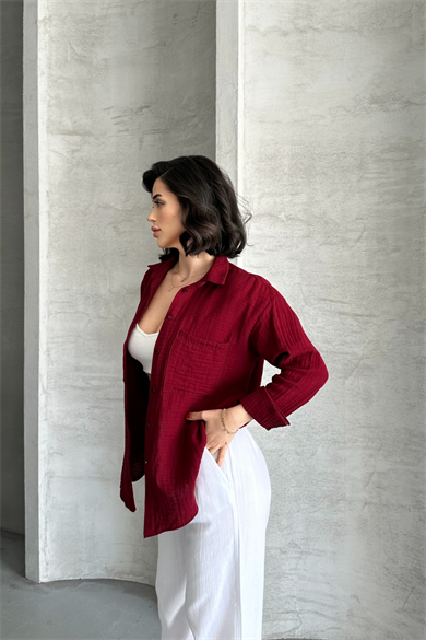 Kadın Bordo Müslin Kumaş Oversize Gömlek