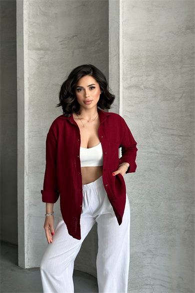 Kadın Bordo Müslin Kumaş Oversize Gömlek