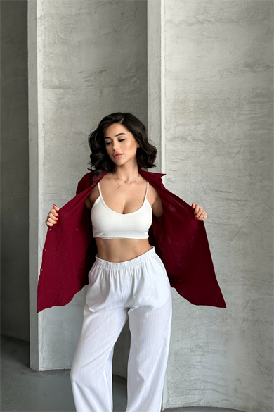 Kadın Bordo Müslin Kumaş Oversize Gömlek