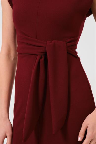 Kadın Bordo Önü Bağlamalı Yırtmaç Detaylı Vatkalı Kalem Elbise