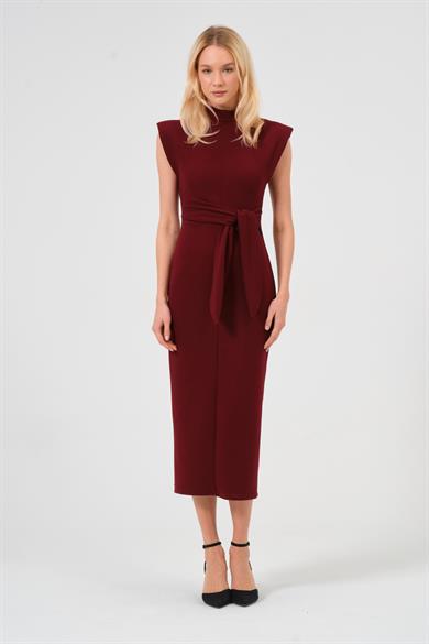 Kadın Bordo Önü Bağlamalı Yırtmaç Detaylı Vatkalı Kalem Elbise