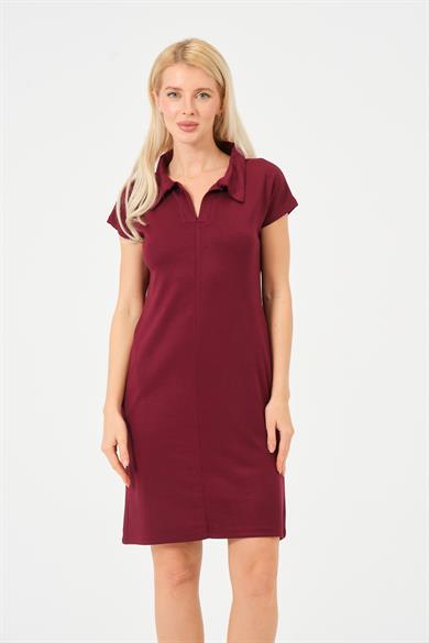 Kadın Bordo Polo Yaka Modal Kısa Elbise