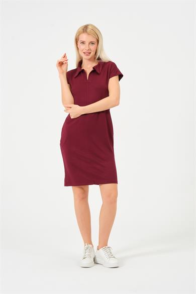 Kadın Bordo Polo Yaka Modal Kısa Elbise