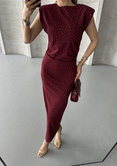 Kadın Bordo Taş Detaylı Omuz Vatkalı Midi Elbise
