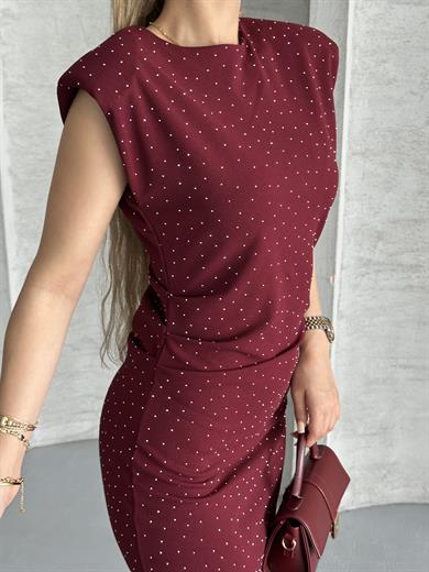 Kadın Bordo Taş Detaylı Omuz Vatkalı Midi Elbise