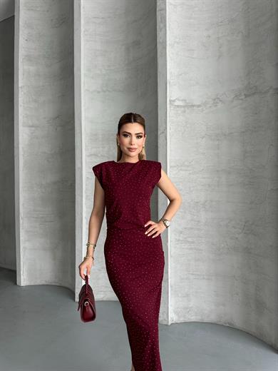 Kadın Bordo Taş Detaylı Omuz Vatkalı Midi Elbise