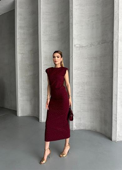 Kadın Bordo Taş Detaylı Omuz Vatkalı Midi Elbise