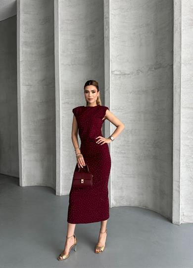 Kadın Bordo Taş Detaylı Omuz Vatkalı Midi Elbise