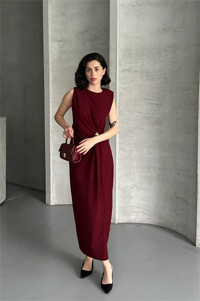 Kadın Bordo Taş Detaylı Yırtmaçlı Şık Midi Elbise
